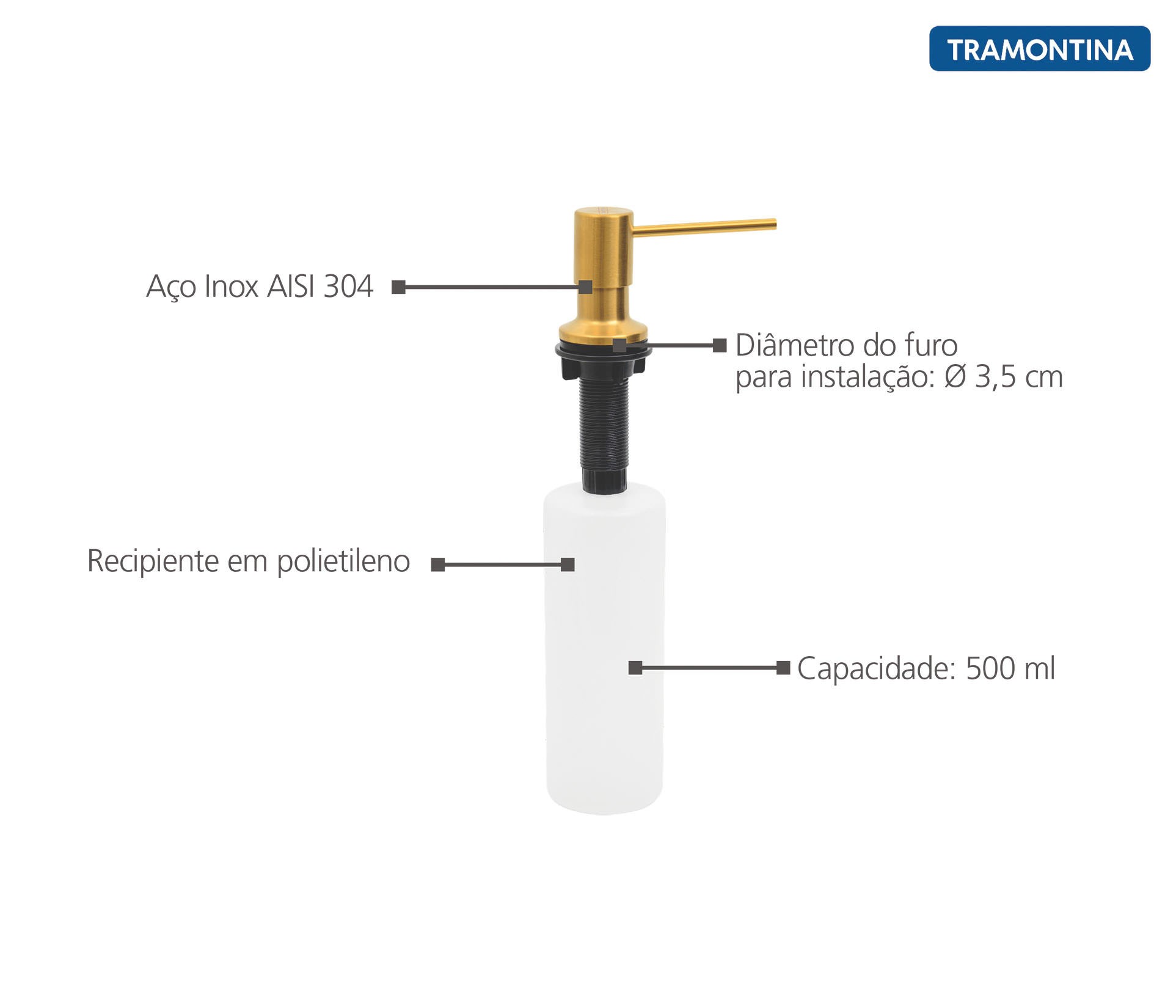 Dosador de Sabão em Aço inox Gold com Recipiente Plástico 500 ml com revestimento PVD